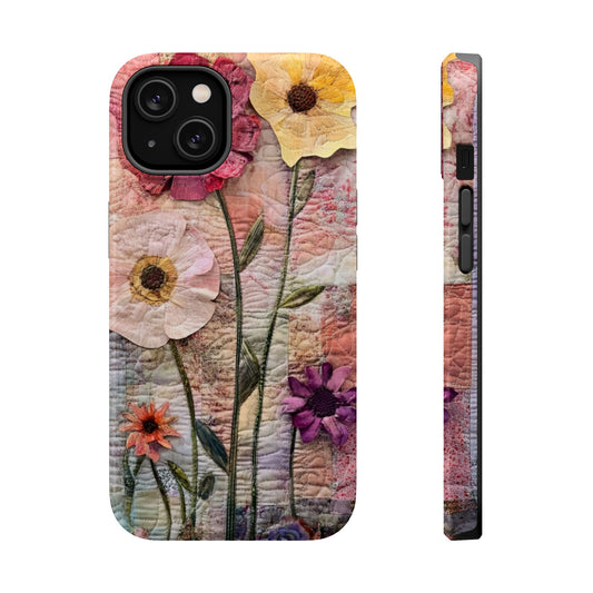 Quilted Effect Floral Magnetic Tough Cases, MagSafe, iPhone 16 15 14 13