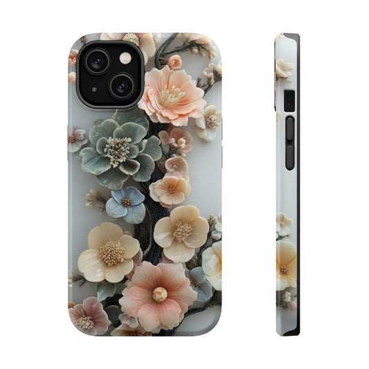 Ceramic Effect Flower Magnetic Tough Case, iPhone 16 15 14 13, MagSafe